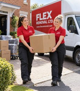 two-female-removal-workers-carrying-a-moving-box-beside-a-branded-flex-removal-van